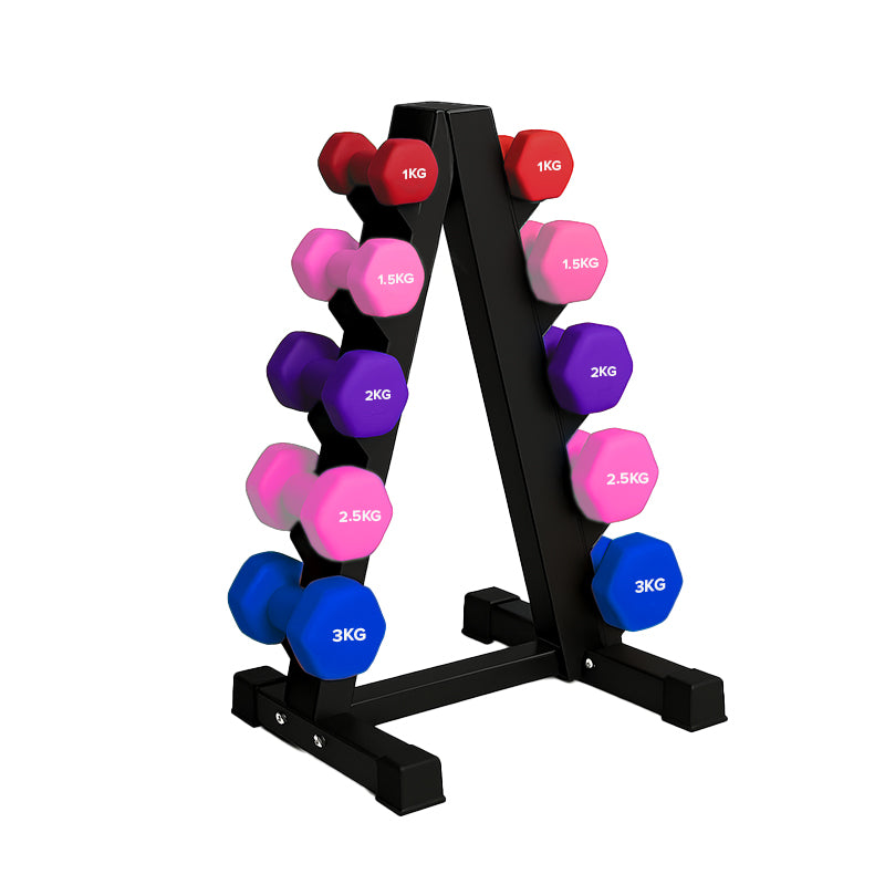 Neoprene hex dumbbells with 5 tier Storage Rack