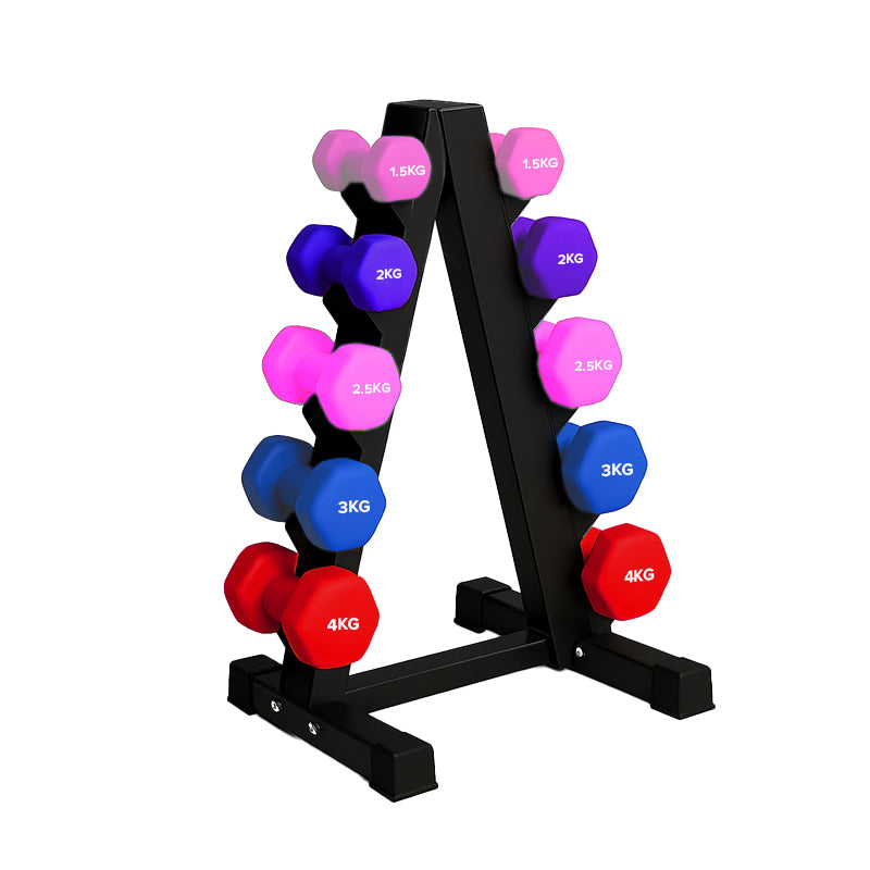 Neoprene hex dumbbells with 5 tier Storage Rack