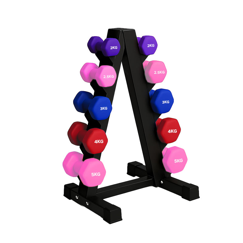 Neoprene hex dumbbells with 5 tier Storage Rack