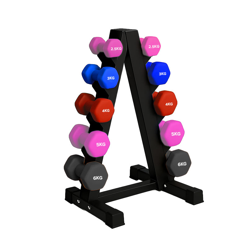 Neoprene hex dumbbells with 5 tier Storage Rack