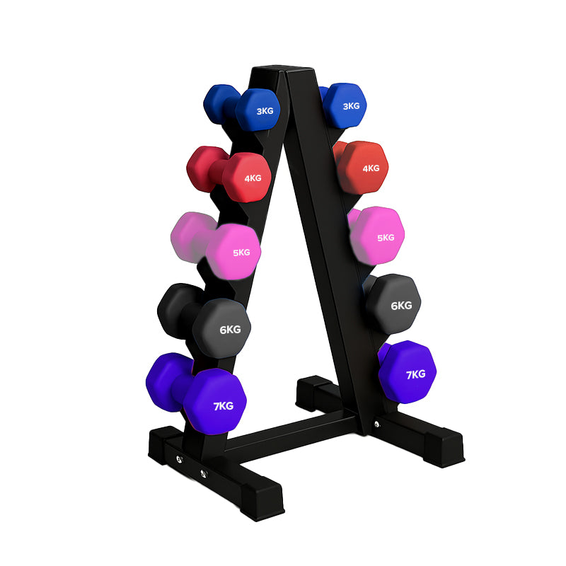 Neoprene hex dumbbells with 5 tier Storage Rack