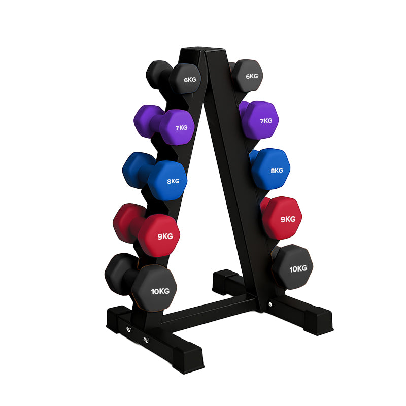 Neoprene hex dumbbells with 5 tier Storage Rack