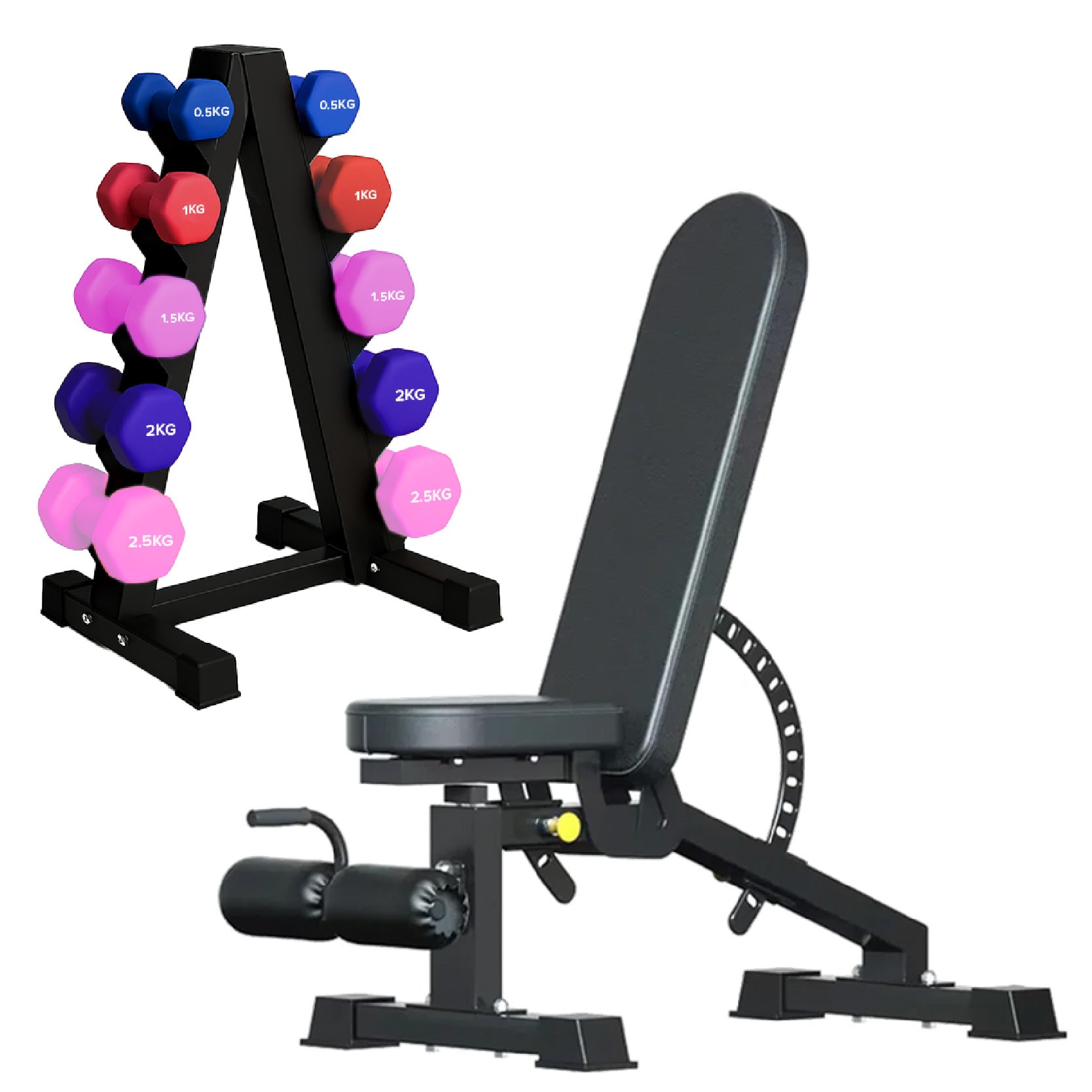 Neoprene hex dumbbells with 5 tier Storage Rack