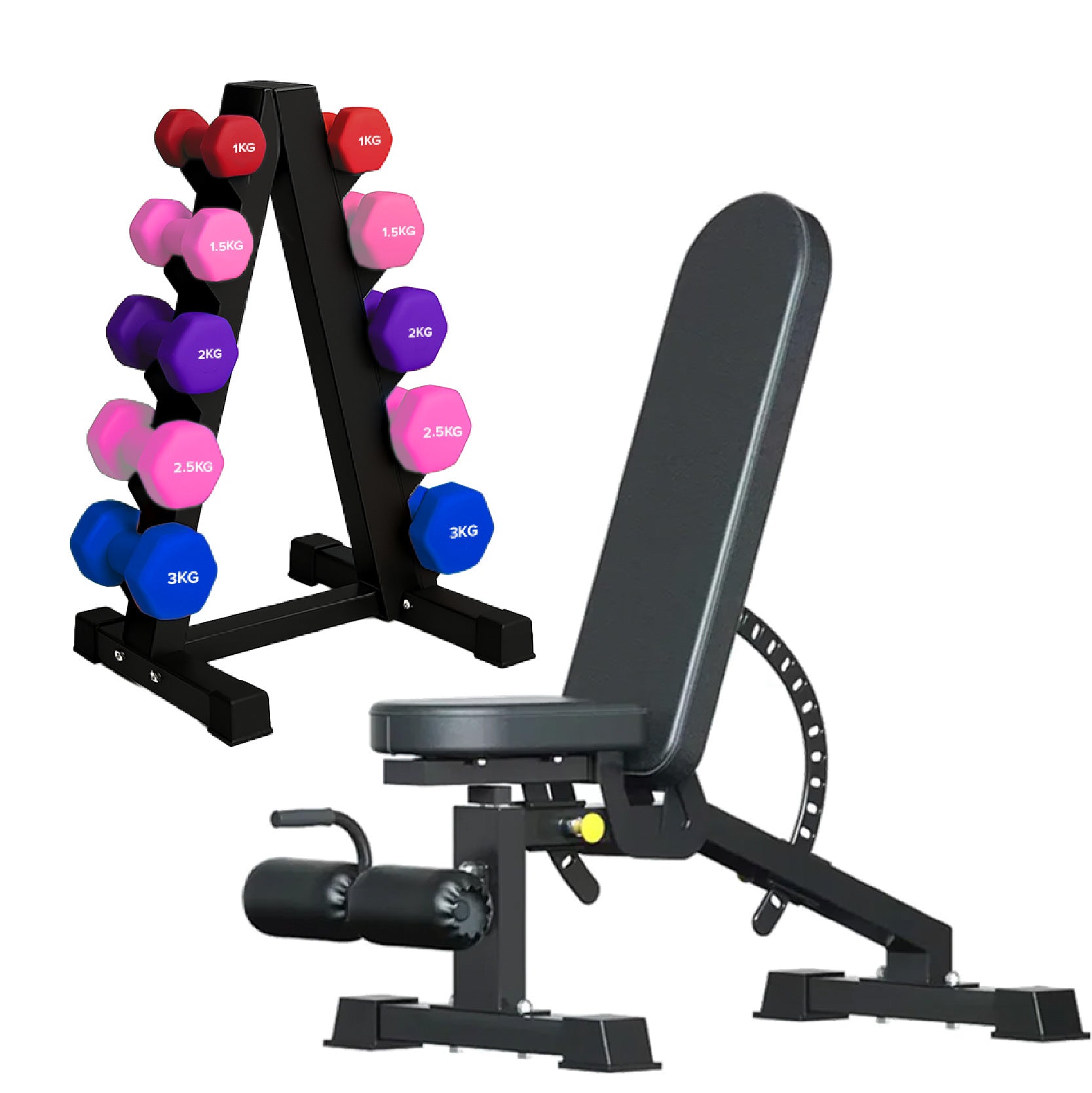 Neoprene hex dumbbells with 5 tier Storage Rack