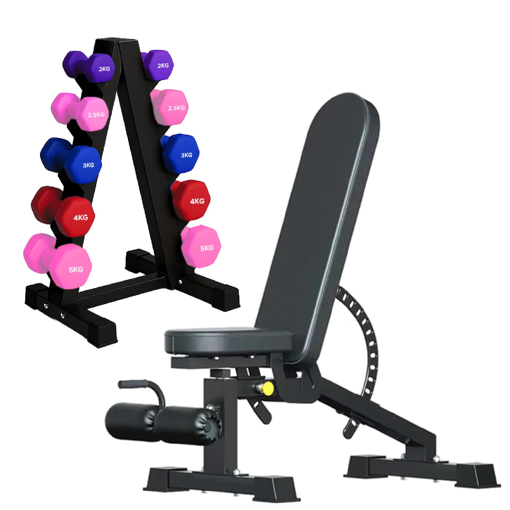 Neoprene hex dumbbells with 5 tier Storage Rack