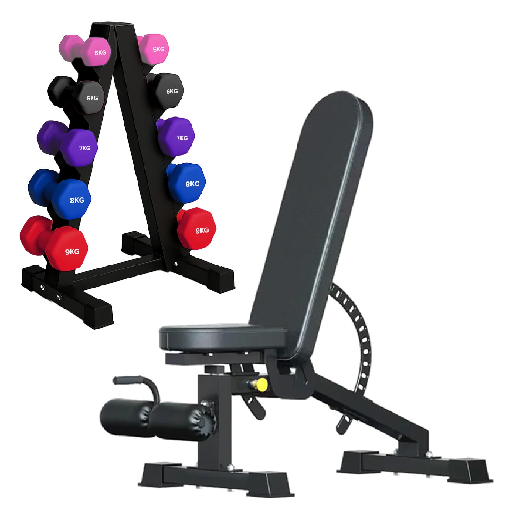 Neoprene hex dumbbells with 5 tier Storage Rack