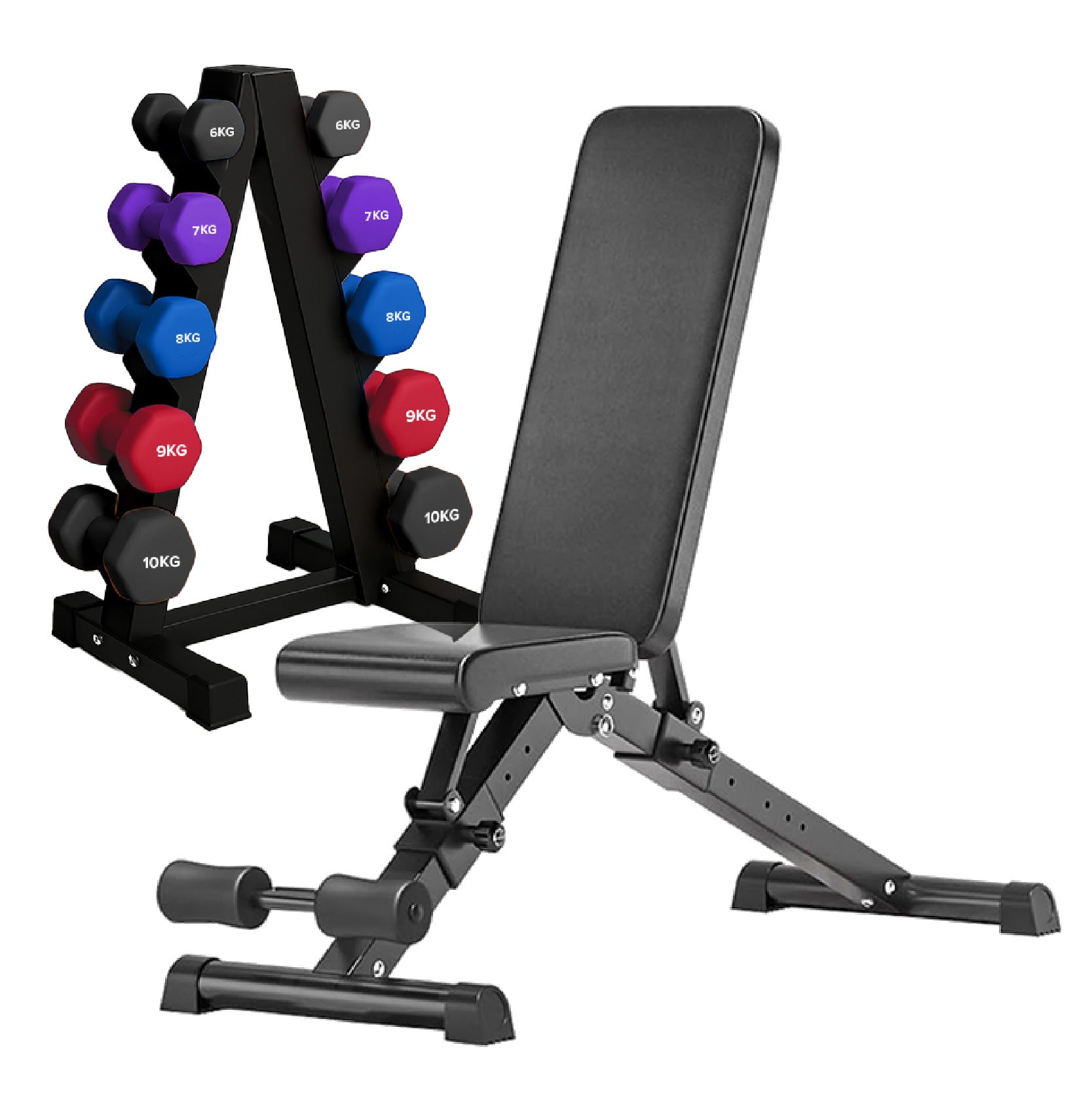 Neoprene hex dumbbells with 5 tier Storage Rack