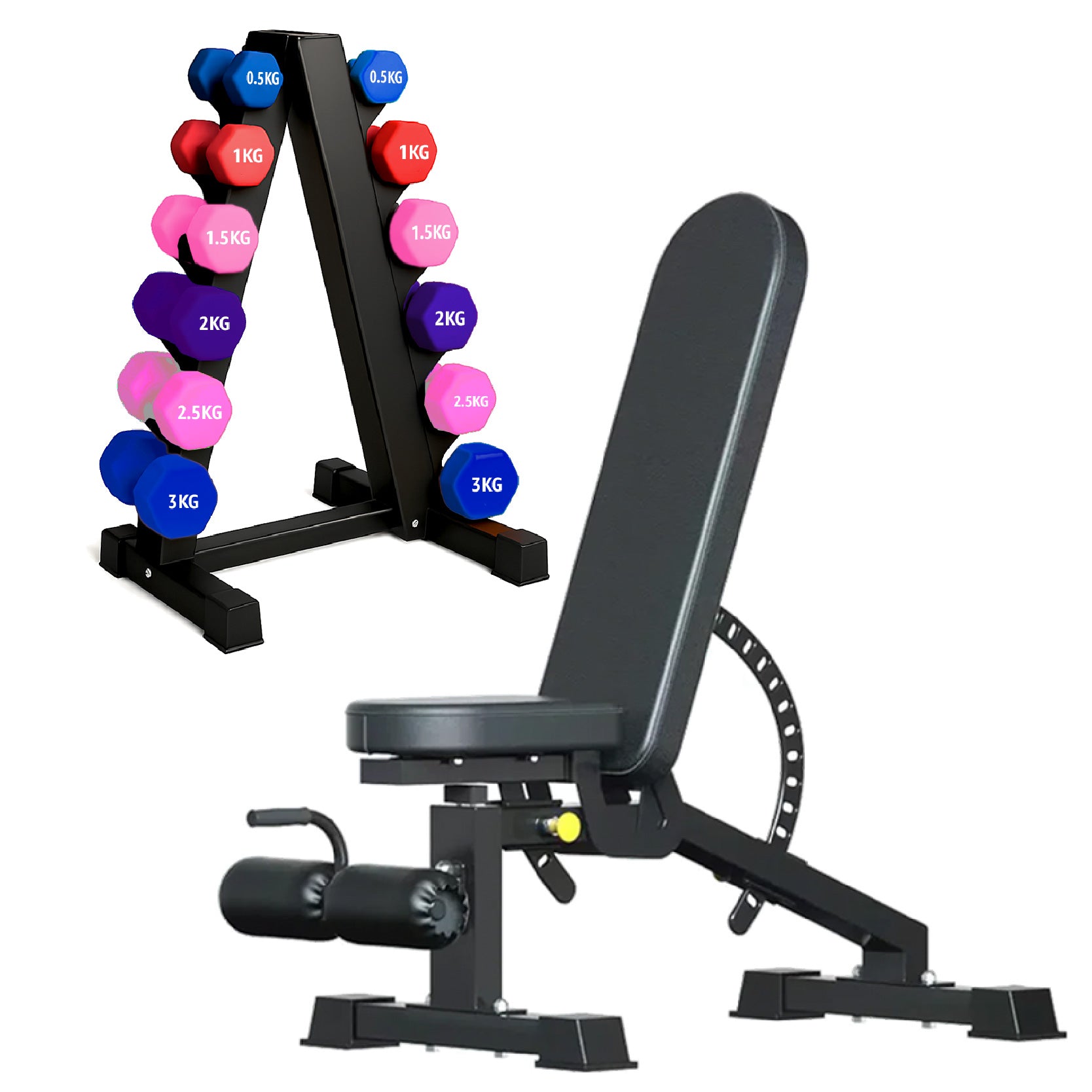 Neoprene hex dumbbells with 6 tier Storage Rack