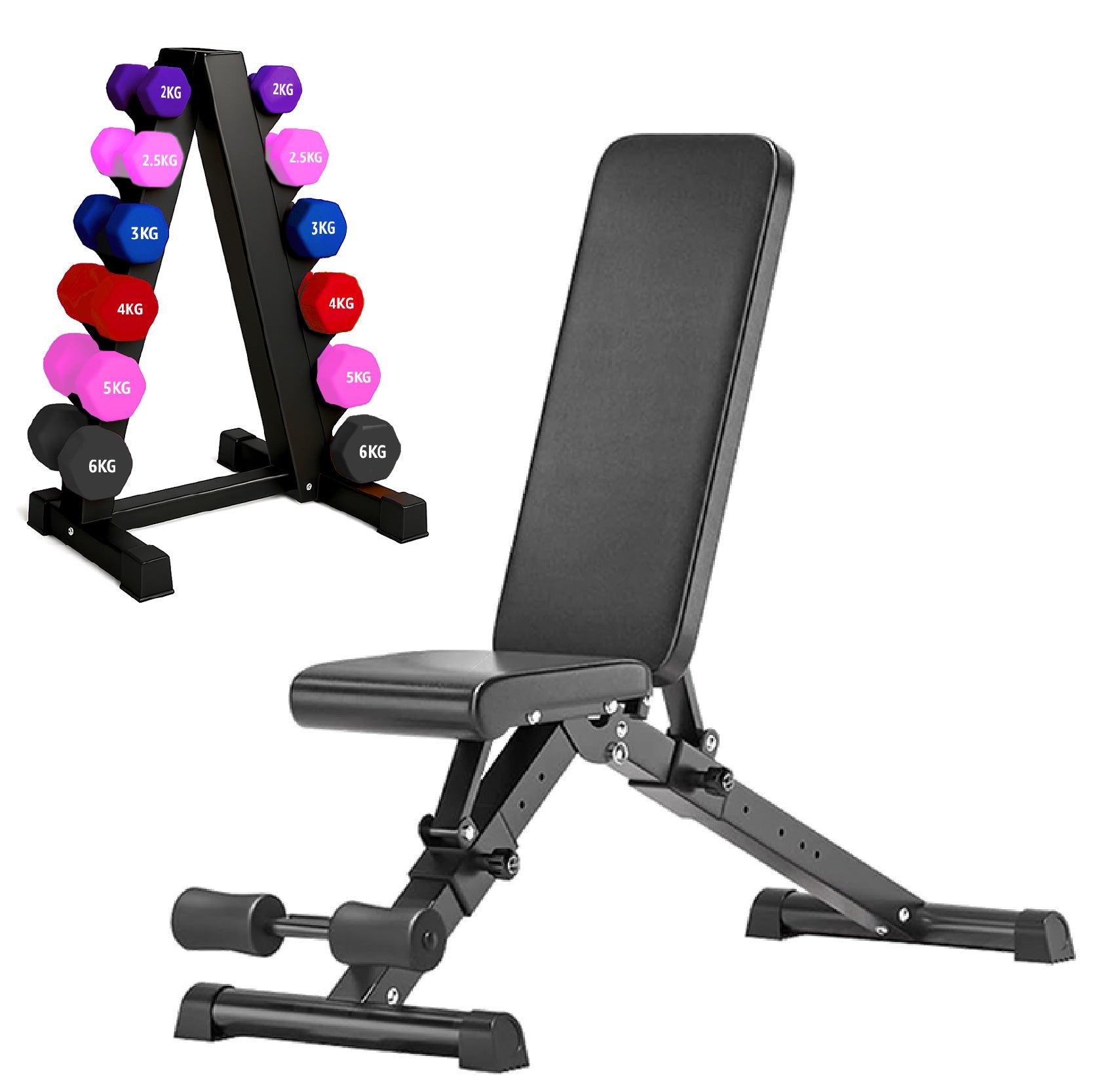 Neoprene hex dumbbells with 6 tier Storage Rack