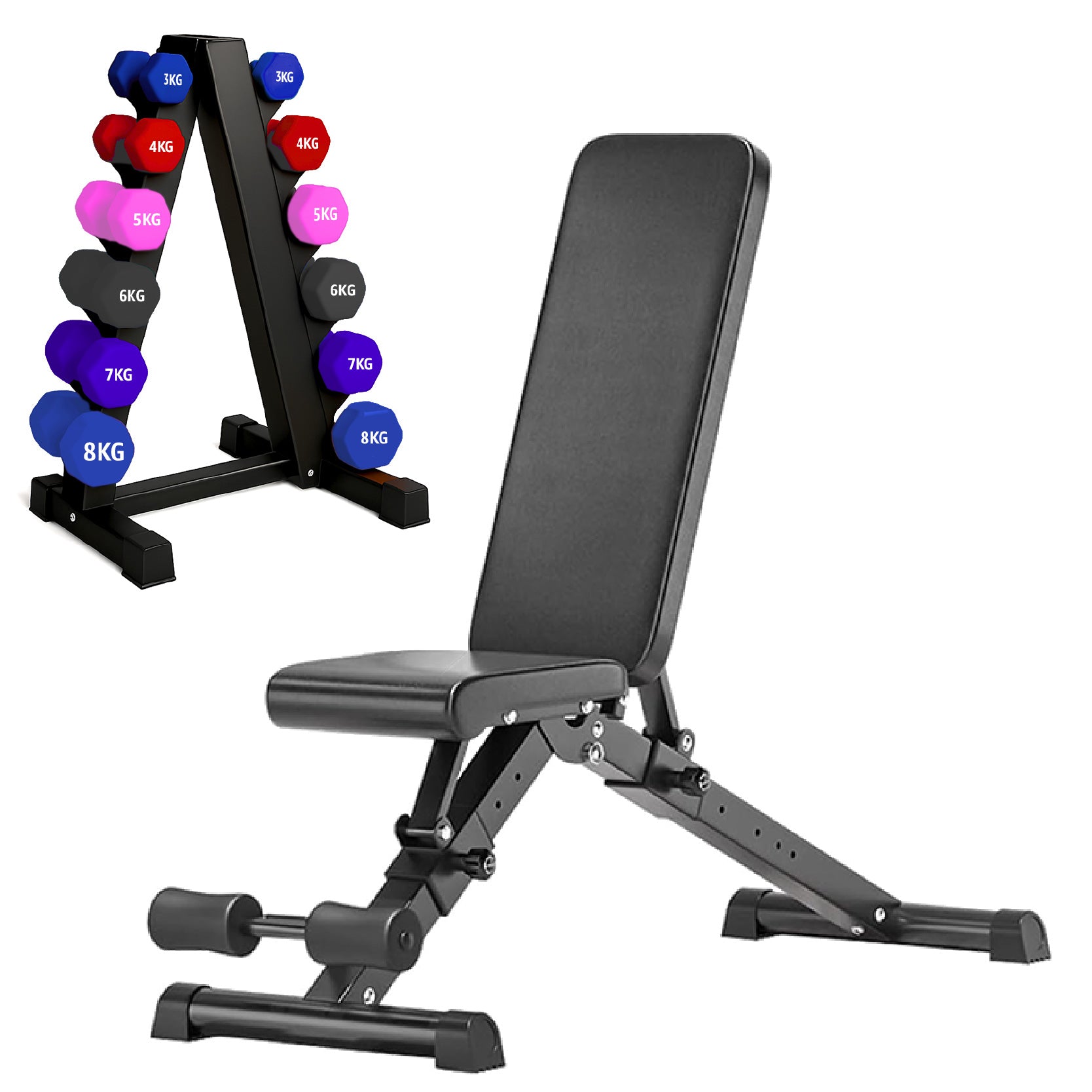 Neoprene hex dumbbells with 6 tier Storage Rack