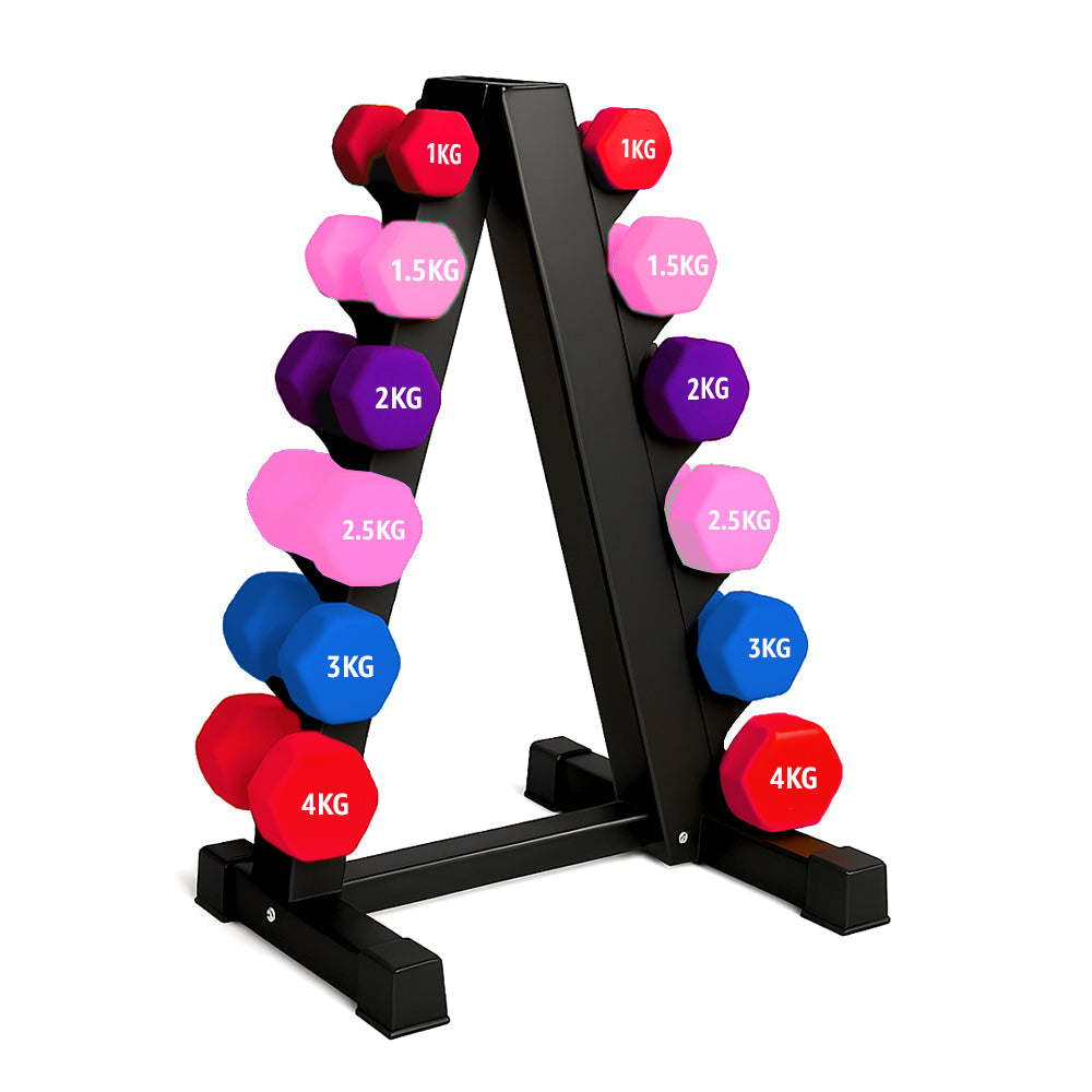 Neoprene hex dumbbells with 6 tier Storage Rack