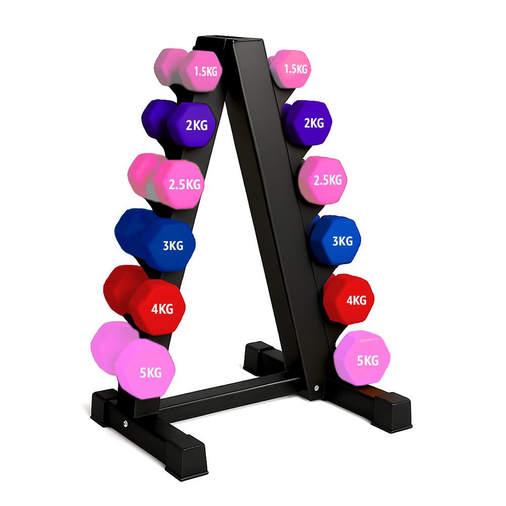 Neoprene hex dumbbells with 6 tier Storage Rack