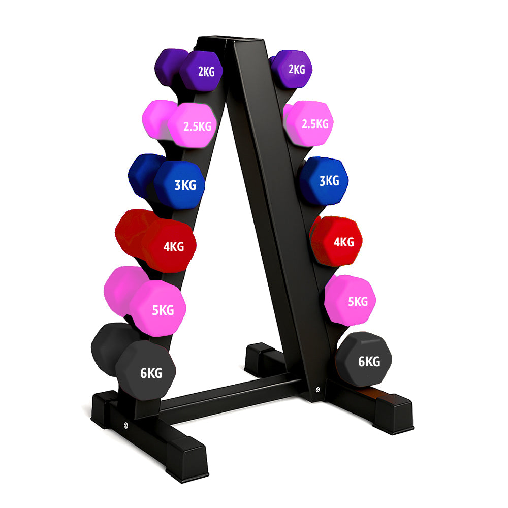 Neoprene hex dumbbells with 6 tier Storage Rack