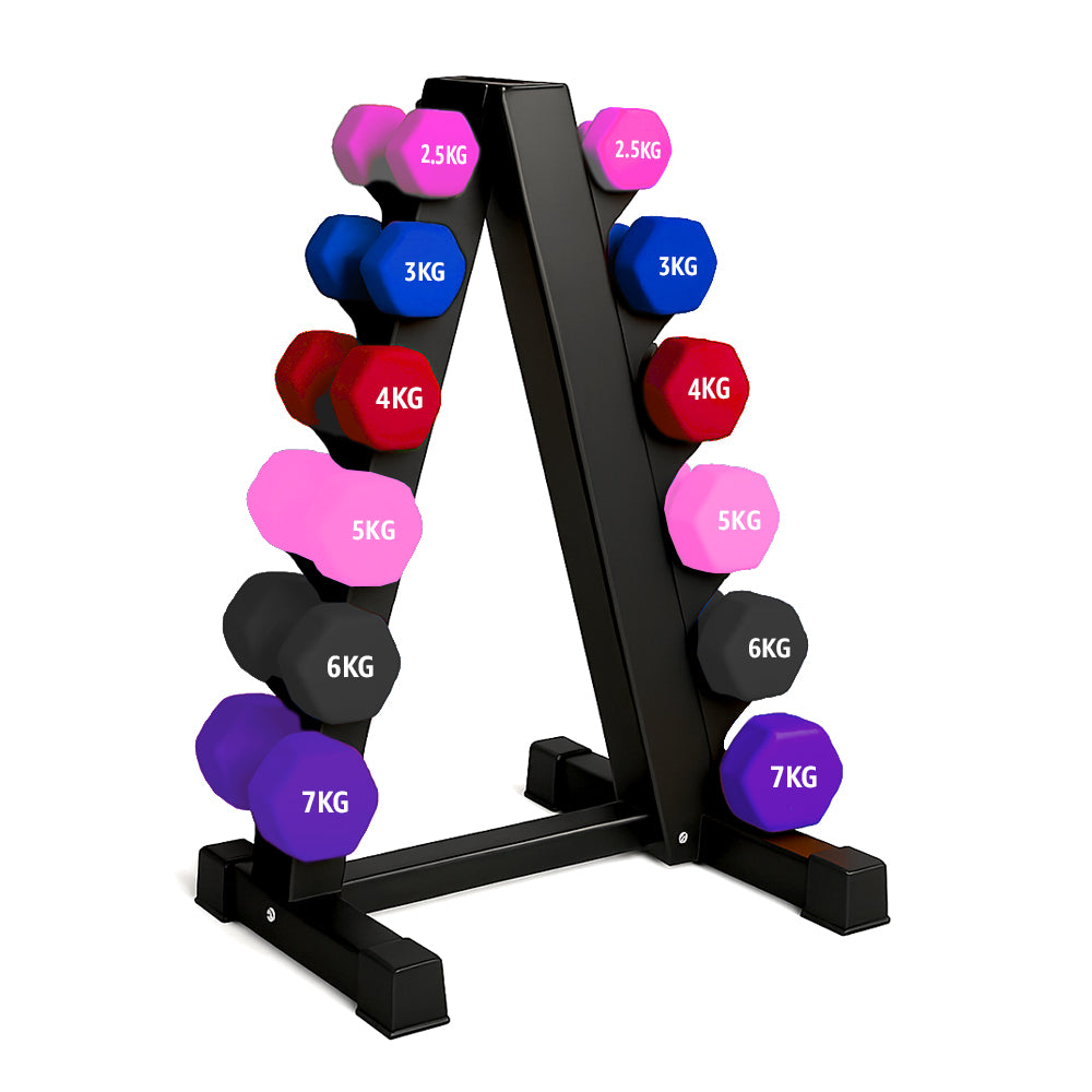 Neoprene hex dumbbells with 6 tier Storage Rack