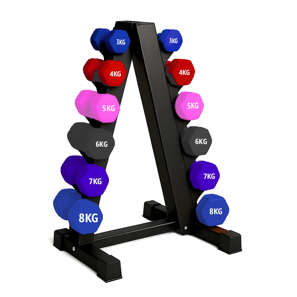 Neoprene hex dumbbells with 6 tier Storage Rack