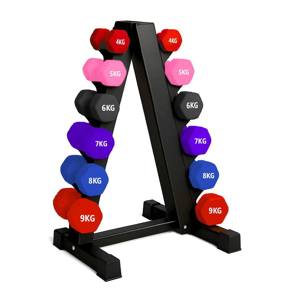 Neoprene hex dumbbells with 6 tier Storage Rack