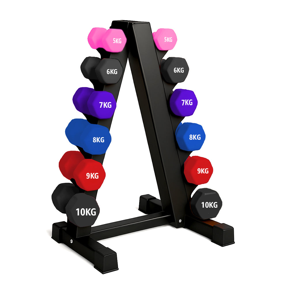 Neoprene hex dumbbells with 6 tier Storage Rack