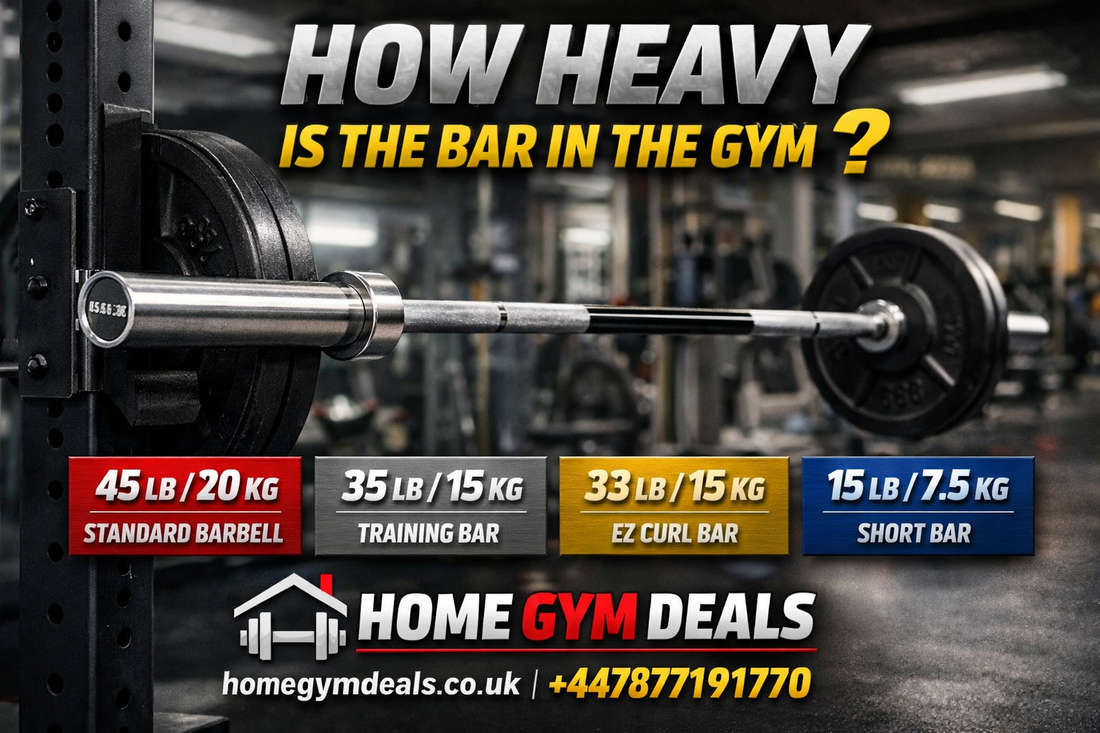 How heavy is the bar in the gym guide showing standard barbell weight 20kg with Home Gym Deals UK fitness equipment branding