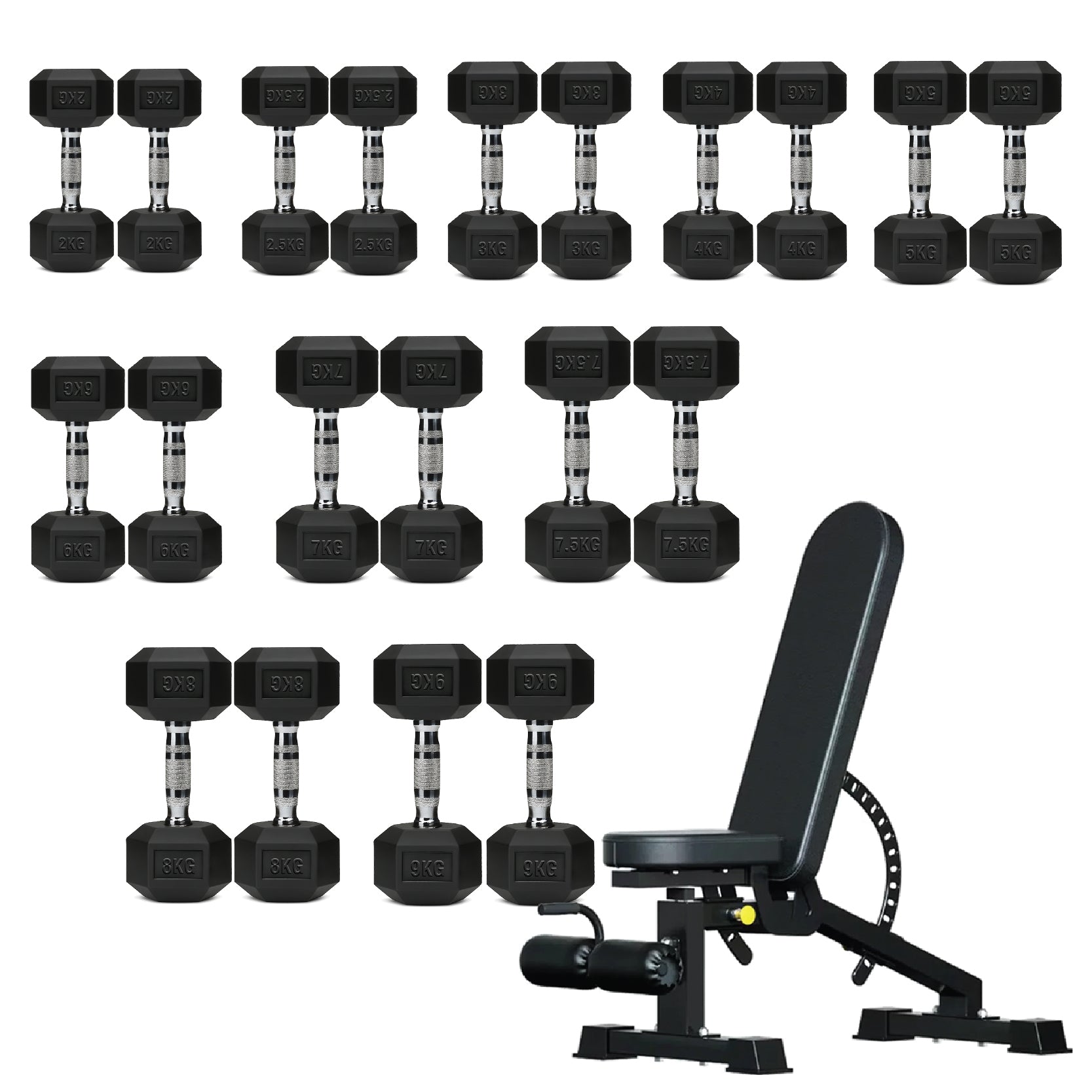 Hex Dumbbell Set 10 Pairs with A10 Tree Rack