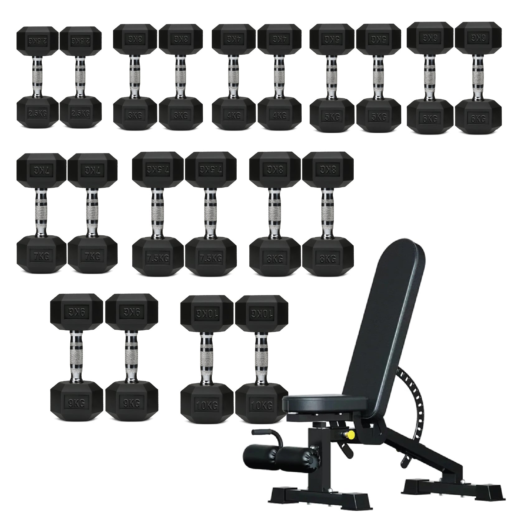 Hex Dumbbell Set 10 Pairs with A10 Tree Rack