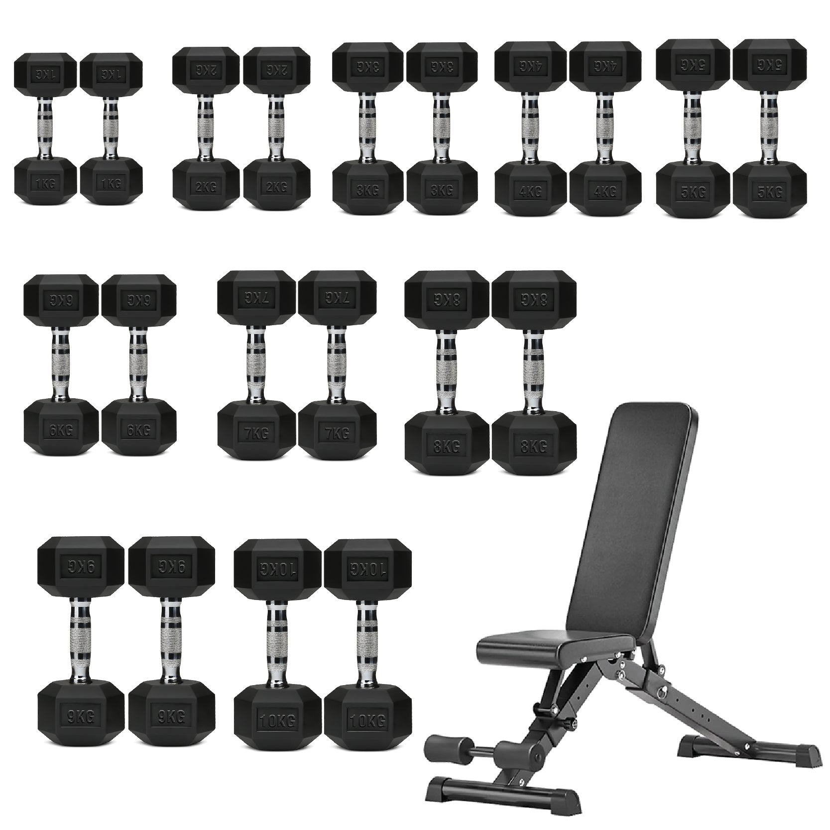 Hex Dumbbell Set 10 Pairs with A10 Tree Rack
