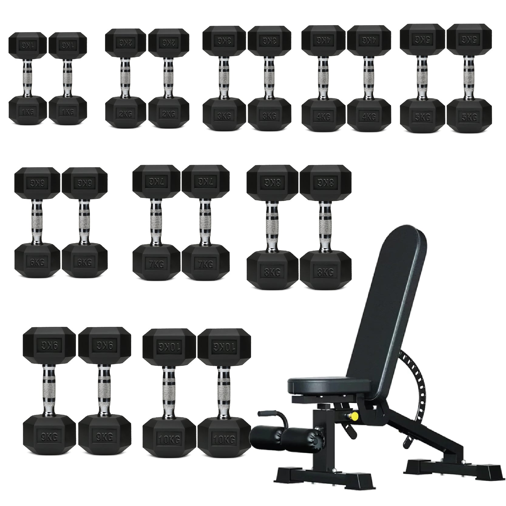 Hex Dumbbell Set 10 Pairs with A10 Tree Rack