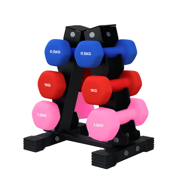 3 Tier Neoprene Hex Dumbbell Tree Rack for home gym storage, compact design keeps dumbbells organized and easily accessible