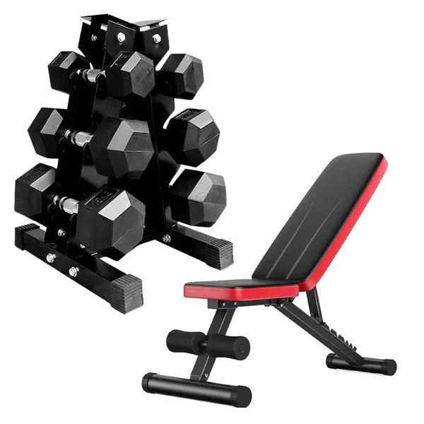 Hex Dumbbell Set – 3 Pairs with 3-Tier Tree Rack