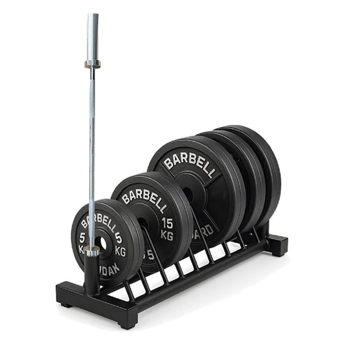 Standard weight plate storage rack with 60kg cast iron plates and a 6ft Olympic barbell