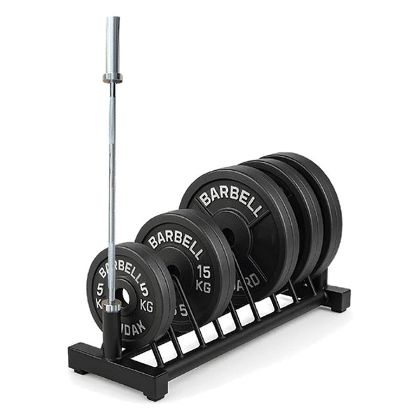 Standard weight plate storage rack with 60kg cast iron plates and a 6ft Olympic barbell