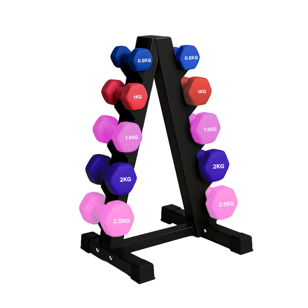 5 tier neoprene hex dumbbell tree rack for home gym with compact vertical storage design saving space efficiently