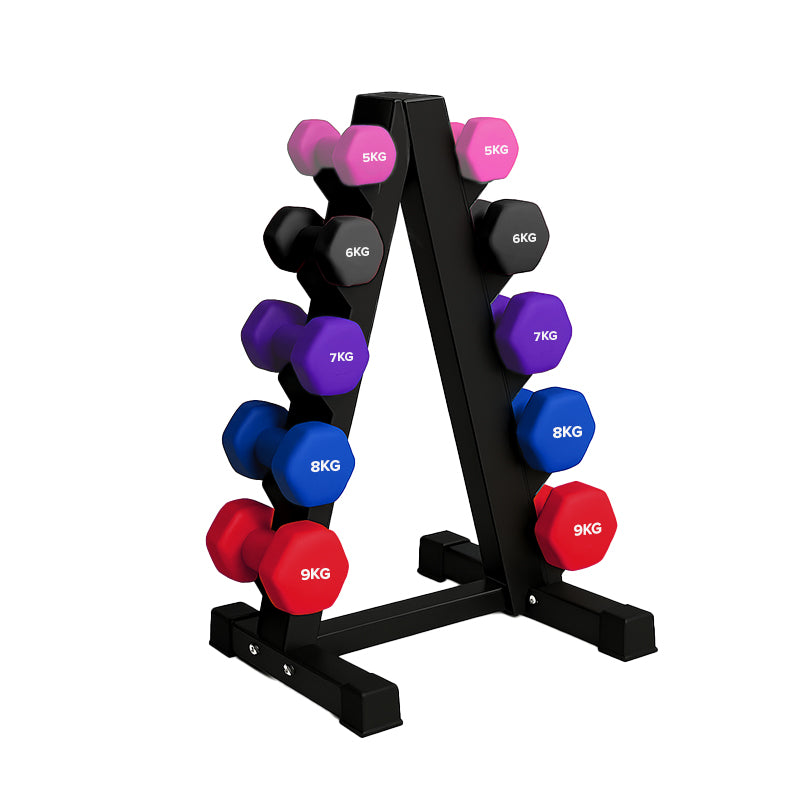 Neoprene hex dumbbells with 5 tier Storage Rack