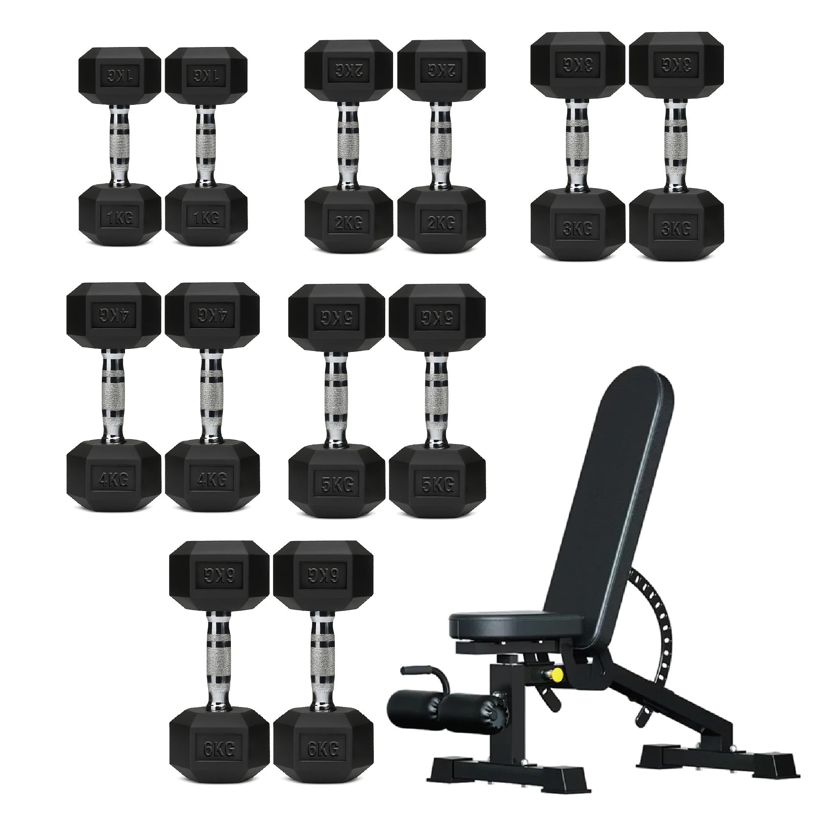 Hex Dumbbell Set 6 Pairs with A6 Tree Rack