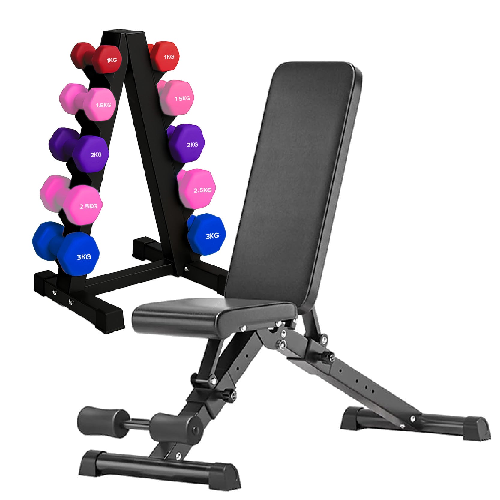 Neoprene hex dumbbells with 5 tier Storage Rack
