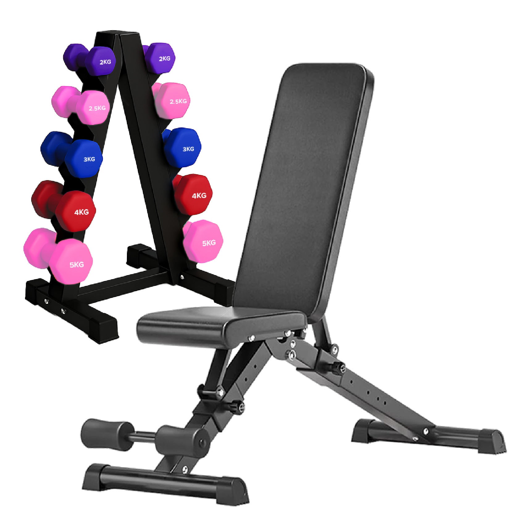 Neoprene hex dumbbells with 5 tier Storage Rack