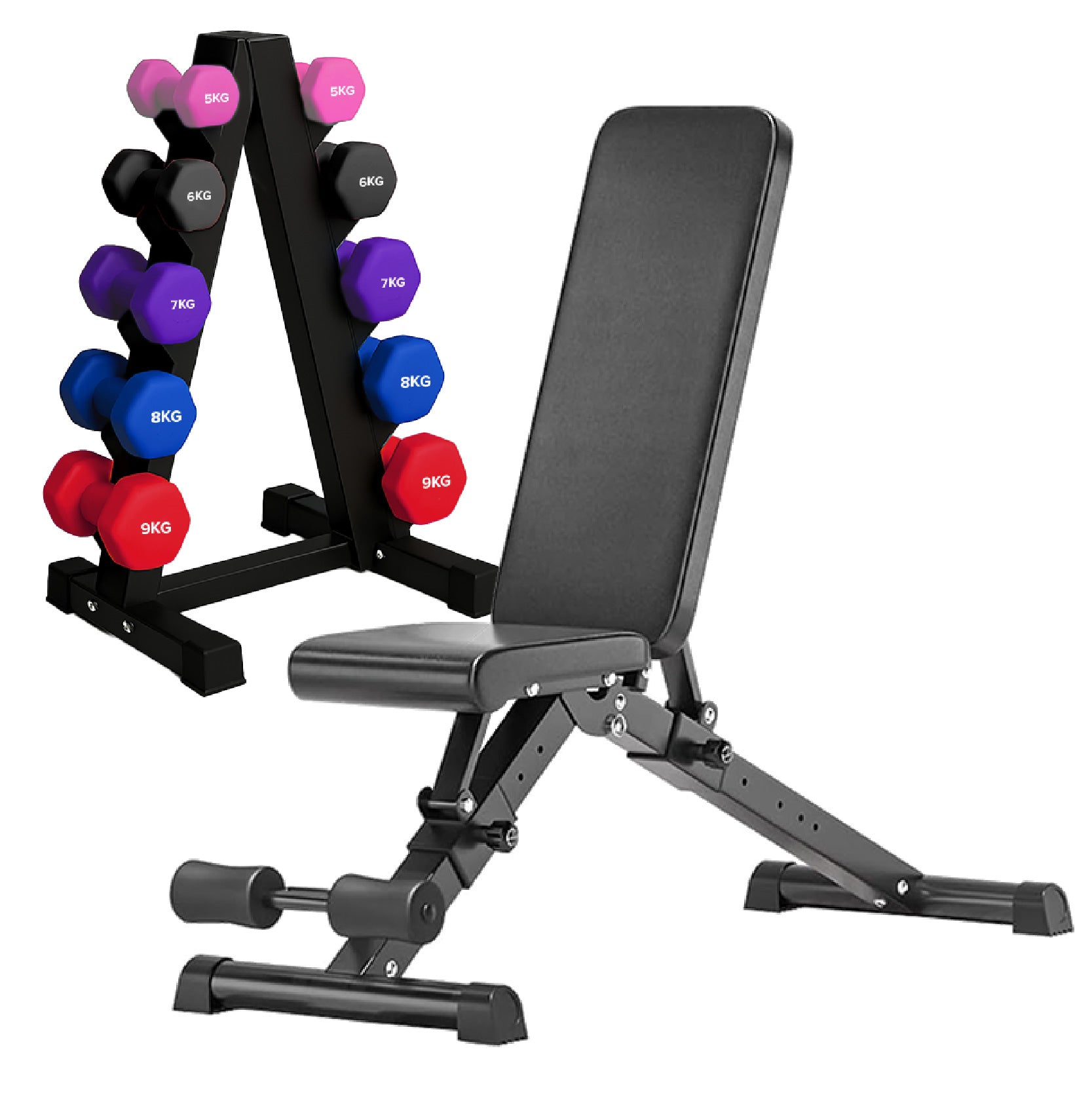 Neoprene hex dumbbells with 5 tier Storage Rack