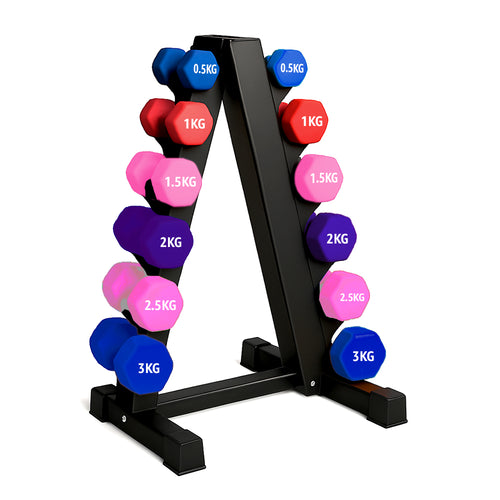 Neoprene hex dumbbells with 6 tier Storage Rack
