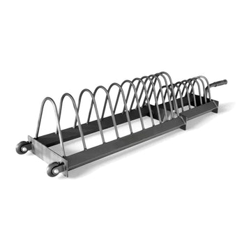 Extended Weight Plate Storage Rack in modern home gym, space-saving solution for weight plate organization