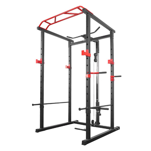 Power Cage with Cable Pulley for home gym workouts, heavy duty steel frame supports squats, pull ups, and full body strength training